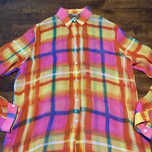 Women’s Go Silk Multicolor Pink Orange 100% Silk Blouse Small Plaid